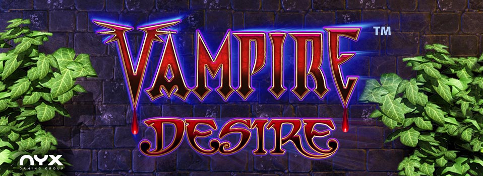 Vampire Desire Slot Logo vor einer dunklen Wand mit grünen Blättern